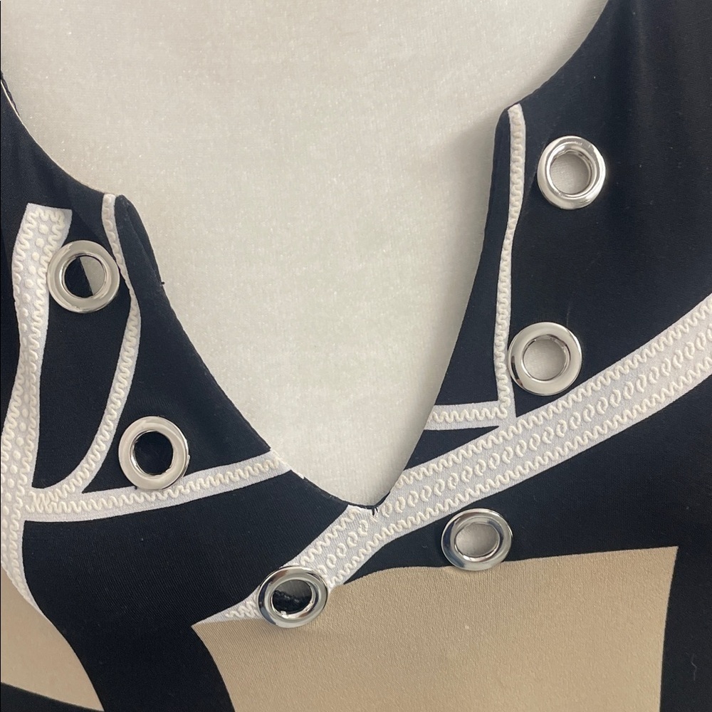 Joseph Ribkoff Black/Tan Geometric Blouse/Tunic V Neck 3/4 Sleeve Sz US14 - Picture 3 of 15